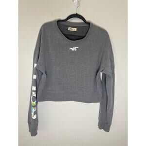 Hollister Cropped Gray  Longsleeve Sweatshirt Women's L Logo Sleeve Decals